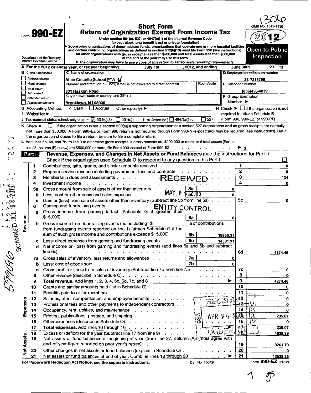 Image of first page of 2012 Form 990EZ for New Jersey PTA - 18978 Alice Costello School PTA