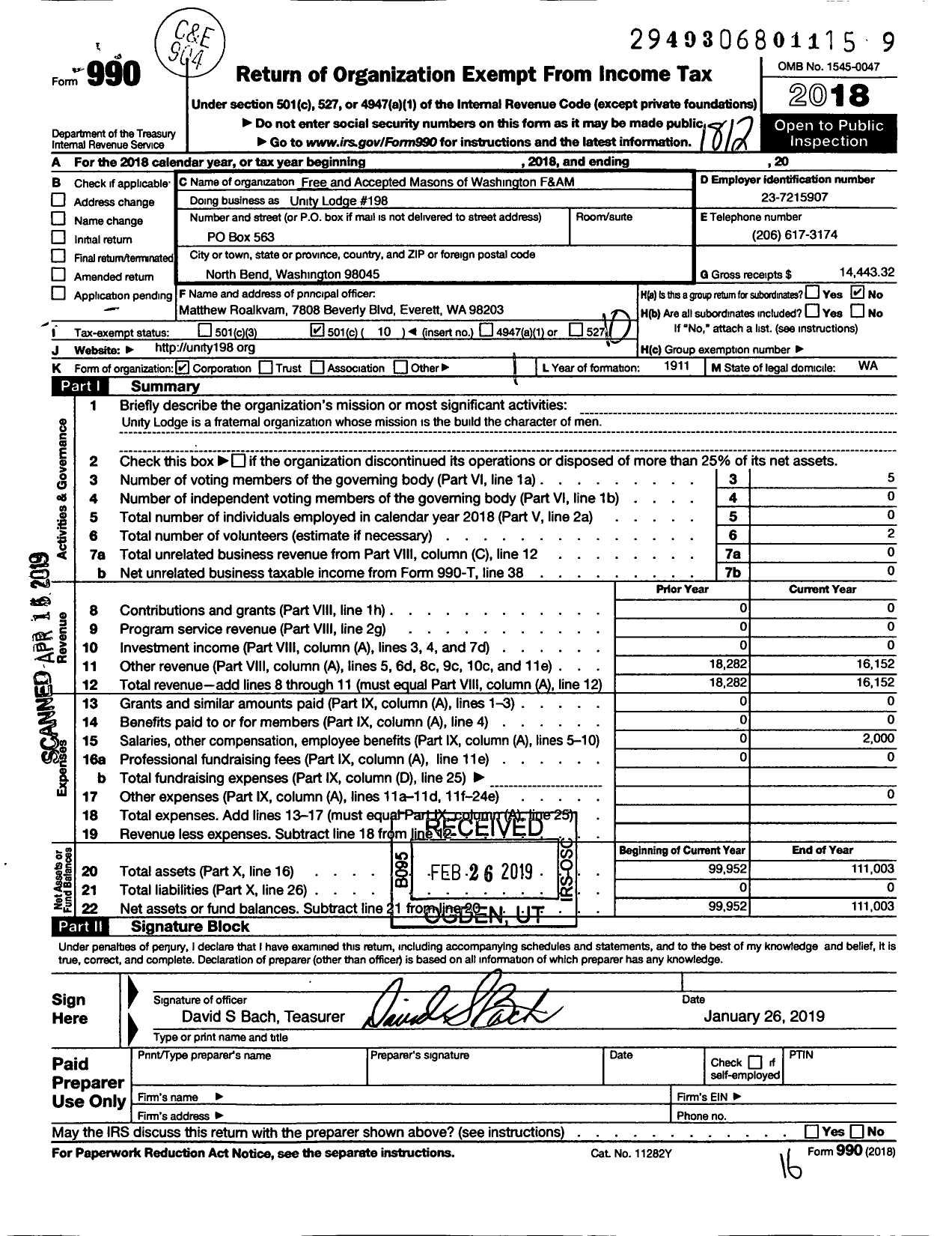 Image of first page of 2018 Form 990O for Free and Accepted Masons of Washington - 198 Unity