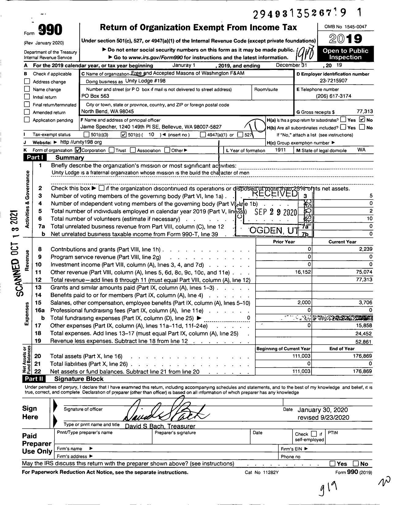 Image of first page of 2019 Form 990O for Free and Accepted Masons of Washington - 198 Unity