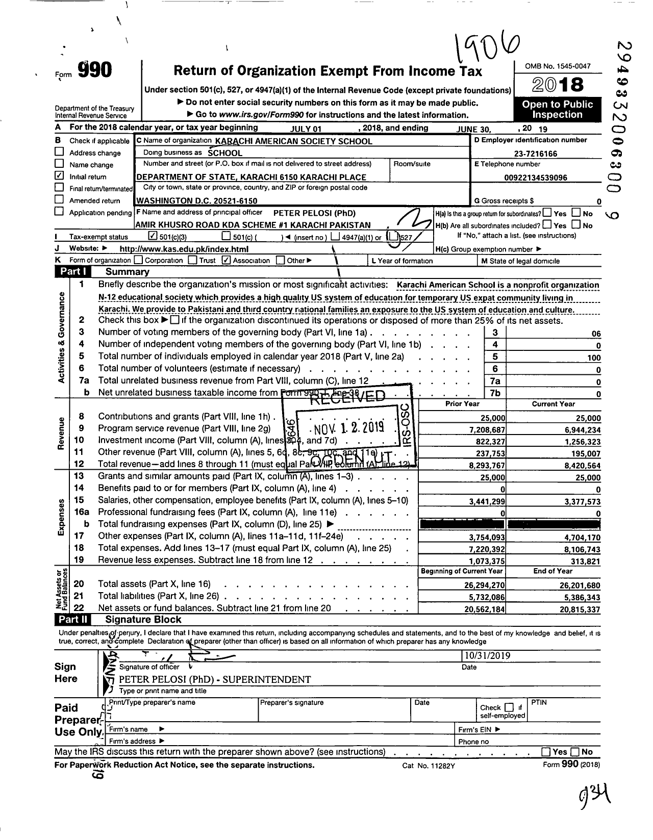 Image of first page of 2018 Form 990 for Karachi American Society School (KAS)