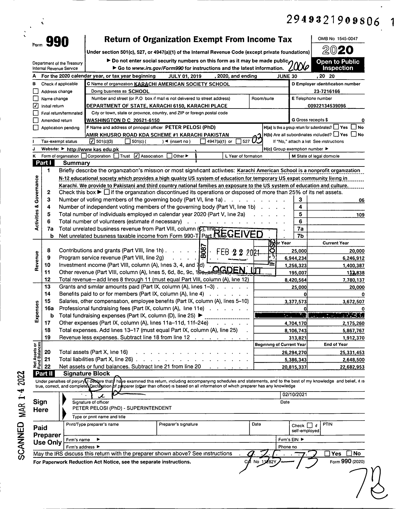 Image of first page of 2019 Form 990 for Karachi American Society School (KAS)