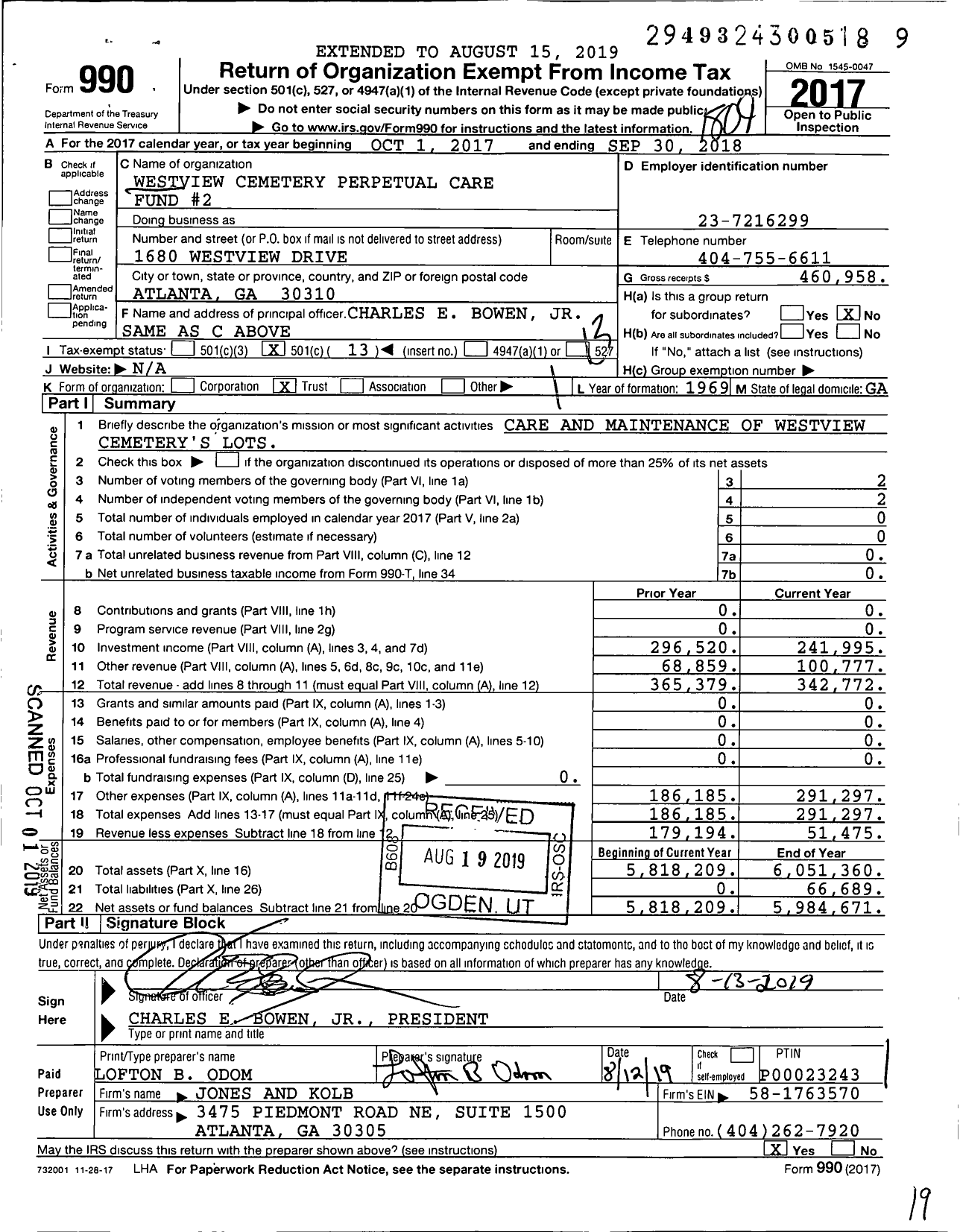Image of first page of 2017 Form 990O for Westview Cemetery Perpetual Care Fund #2