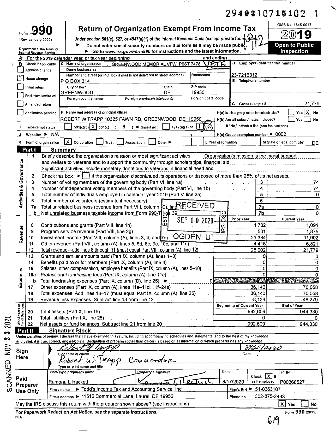 Image of first page of 2019 Form 990O for Greenwood VFW Post 7478