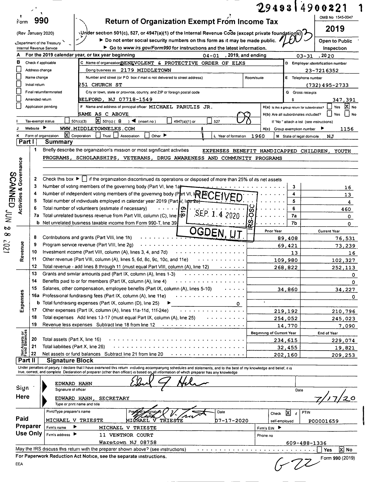 Image of first page of 2019 Form 990O for Benevolent and Protective Order of Elks - 2179 Middletown Elks