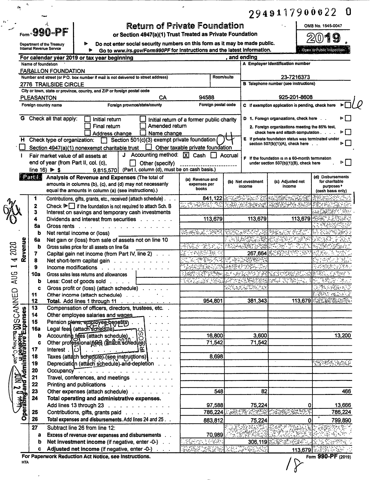 Image of first page of 2019 Form 990PR for Farallon Foundation