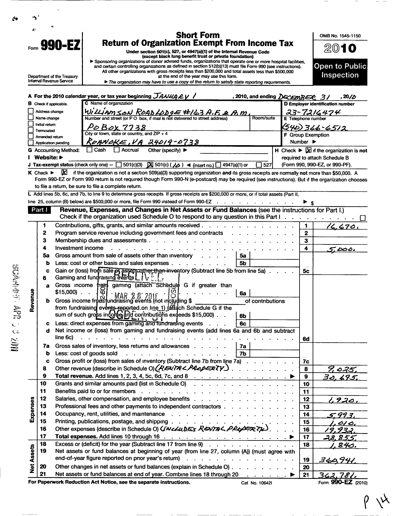 Image of first page of 2010 Form 990EO for Free and Accepted Masons of Virginia - 163 Rd Williamson Lodge