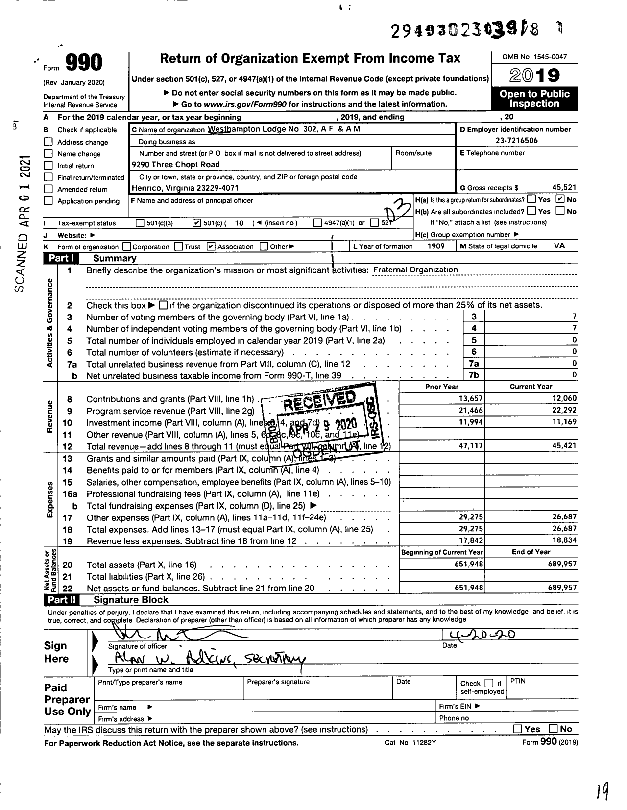 Image of first page of 2019 Form 990 for Free and Accepted Masons of Virginia - 302 Westhampton Lodge