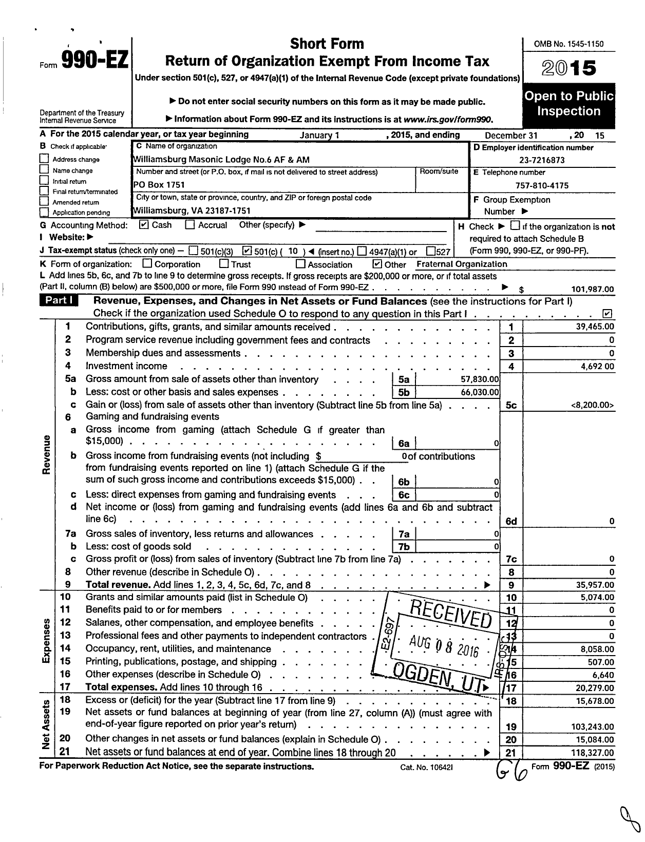 Image of first page of 2015 Form 990EO for Free and Accepted Masons of Virginia - 6 Williamsburg Lodge