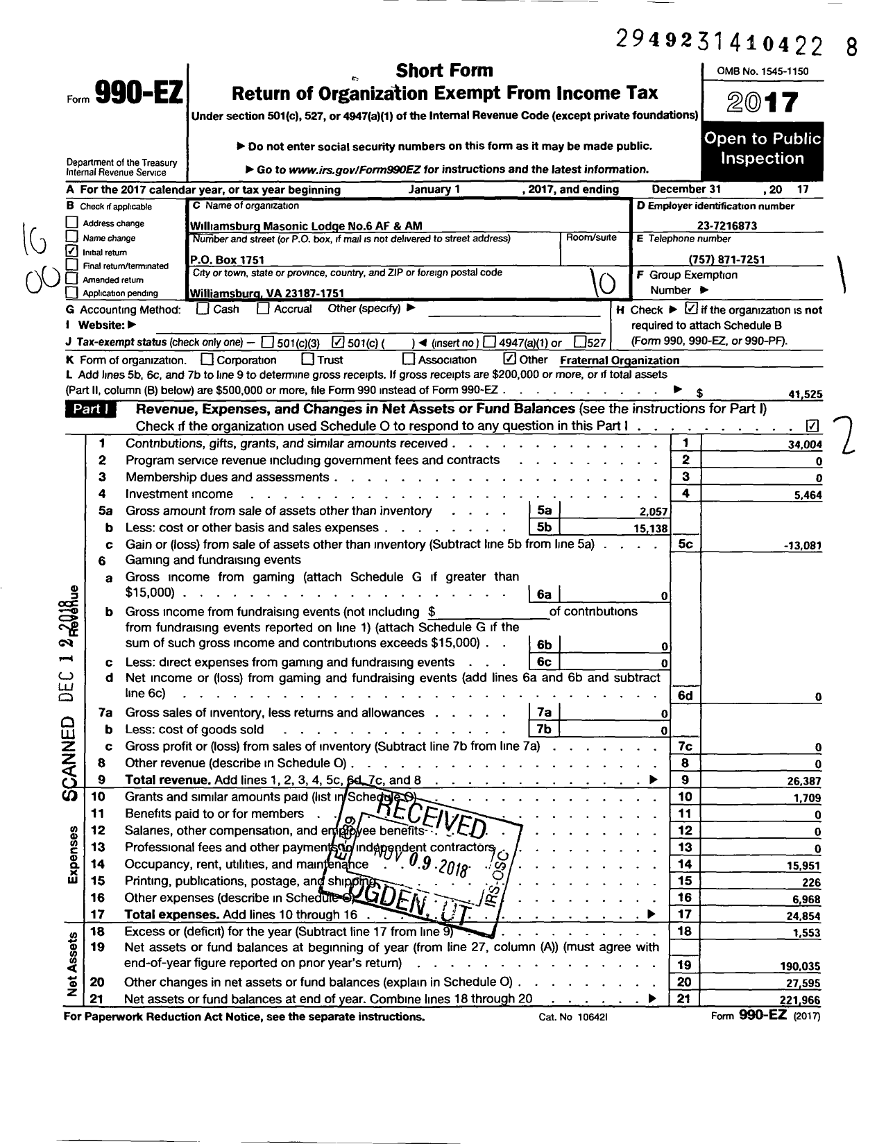 Image of first page of 2017 Form 990EO for Free and Accepted Masons of Virginia - 6 Williamsburg Lodge