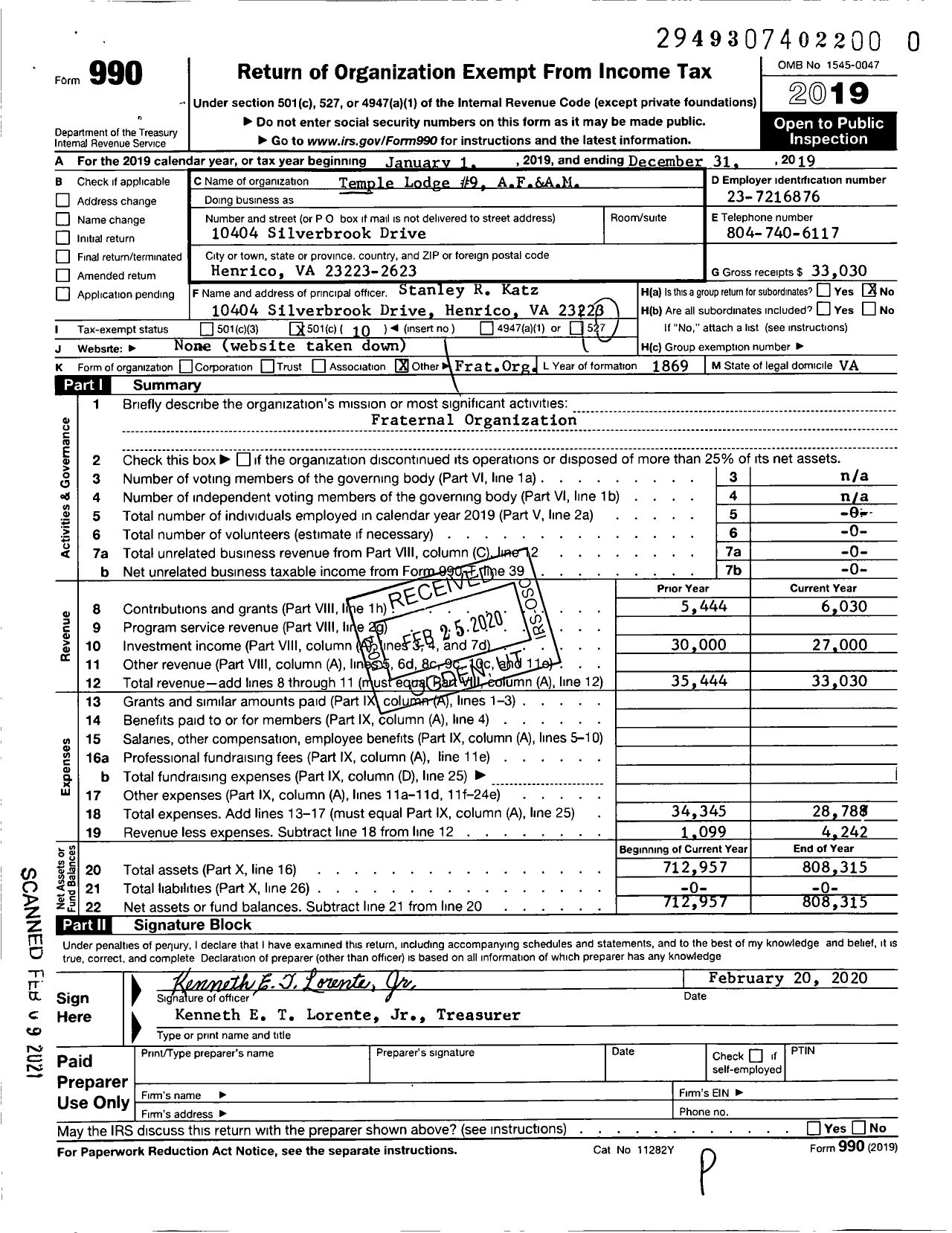 Image of first page of 2019 Form 990O for Free and Accepted Masons of Virginia - 9 Temple Lodge