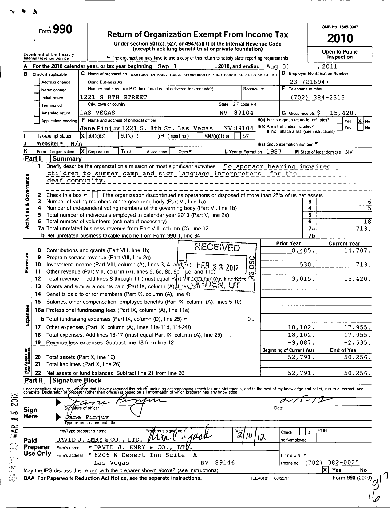 Image of first page of 2010 Form 990 for Sertoma - Las Vegas Paradise Sertoma Club