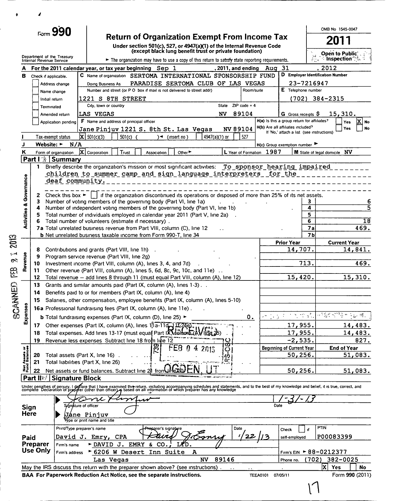 Image of first page of 2011 Form 990 for Sertoma - Las Vegas Paradise Sertoma Club