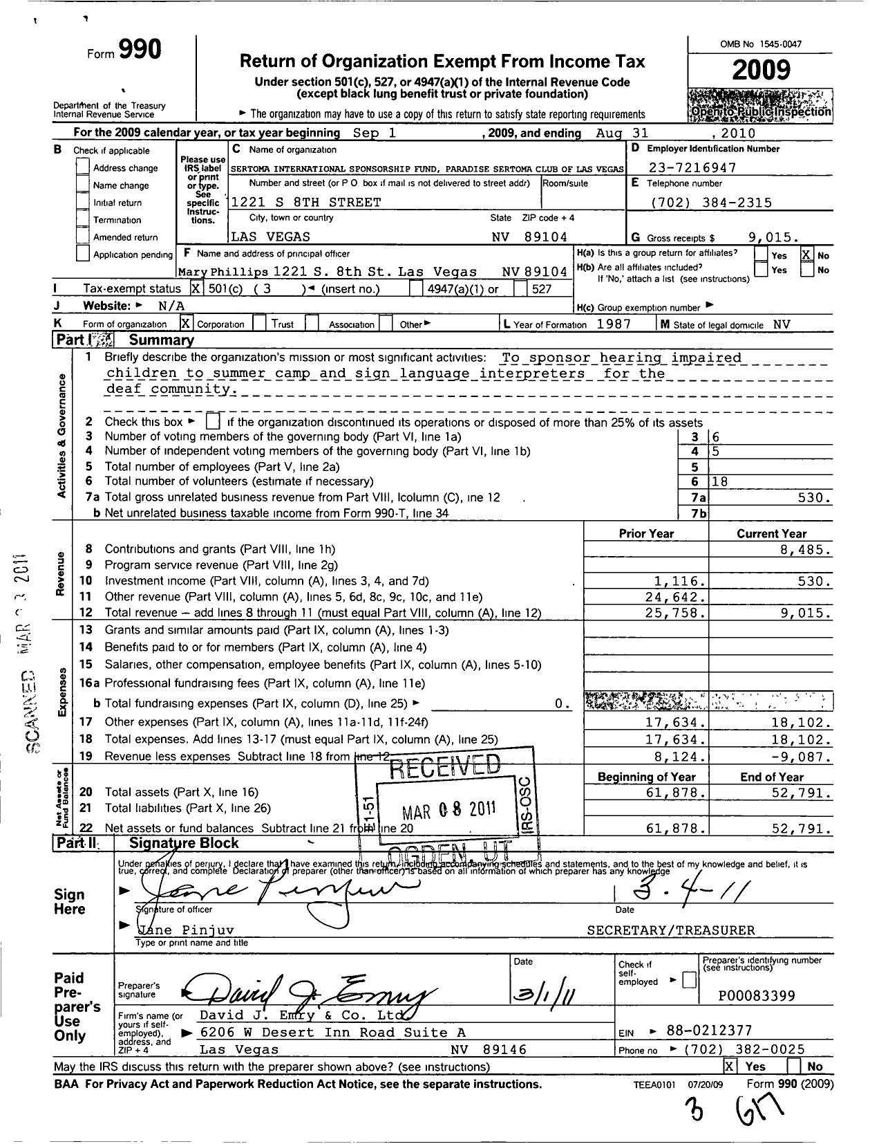 Image of first page of 2009 Form 990 for Sertoma - Las Vegas Paradise Sertoma Club