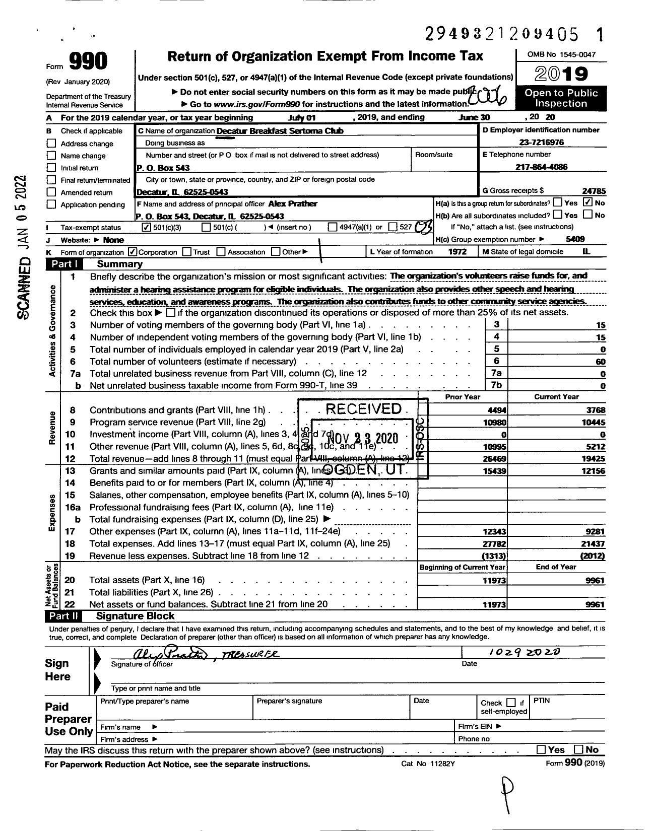 Image of first page of 2019 Form 990 for Decatur Breakfast Sertoma Club