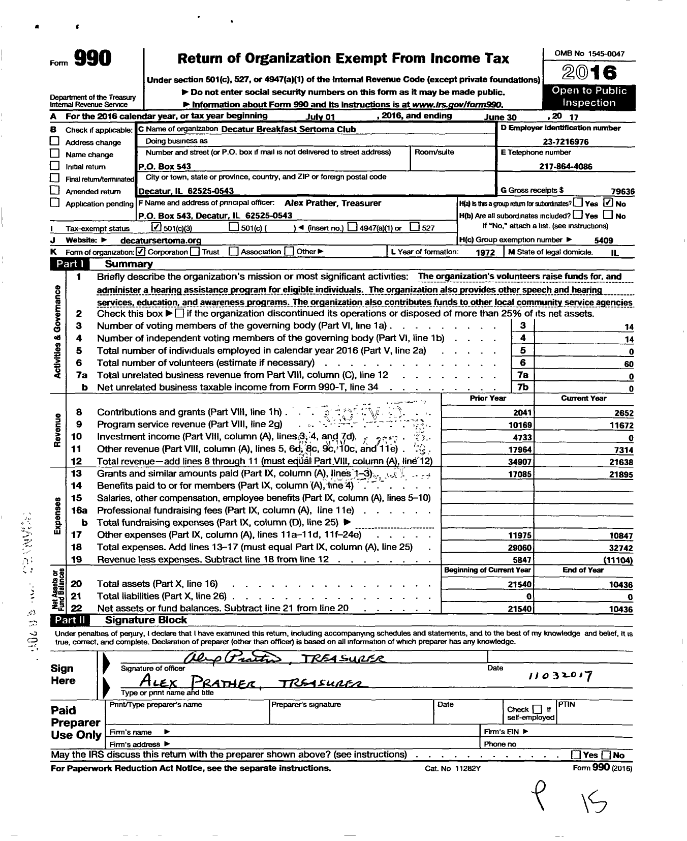 Image of first page of 2016 Form 990 for Decatur Breakfast Sertoma Club