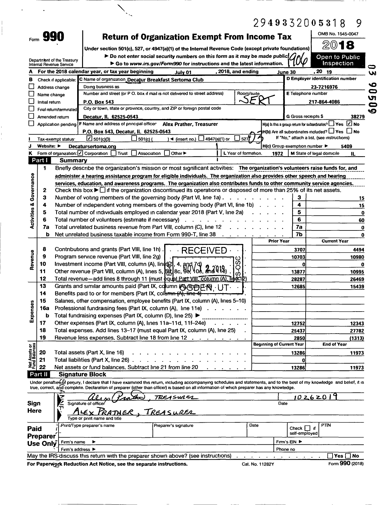 Image of first page of 2018 Form 990 for Decatur Breakfast Sertoma Club