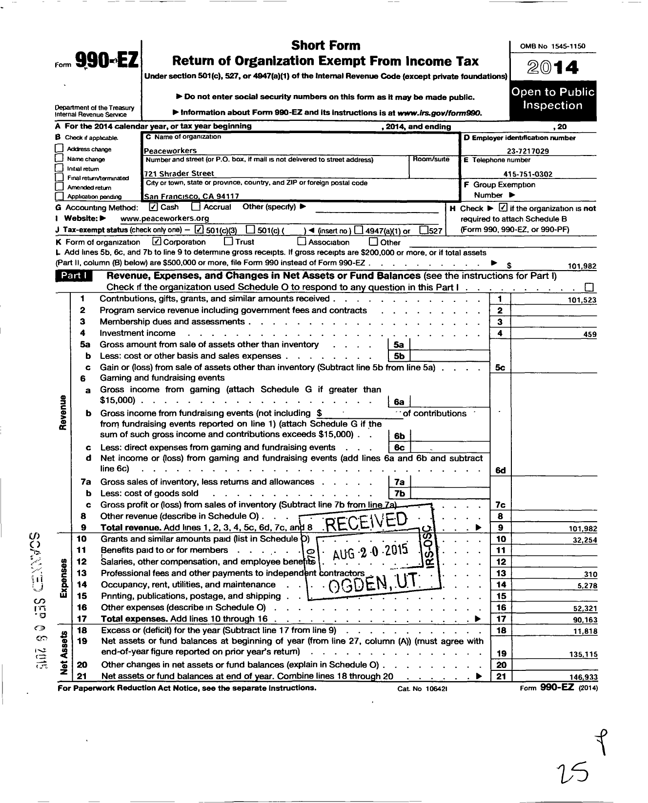 Image of first page of 2014 Form 990EZ for World Beyond War