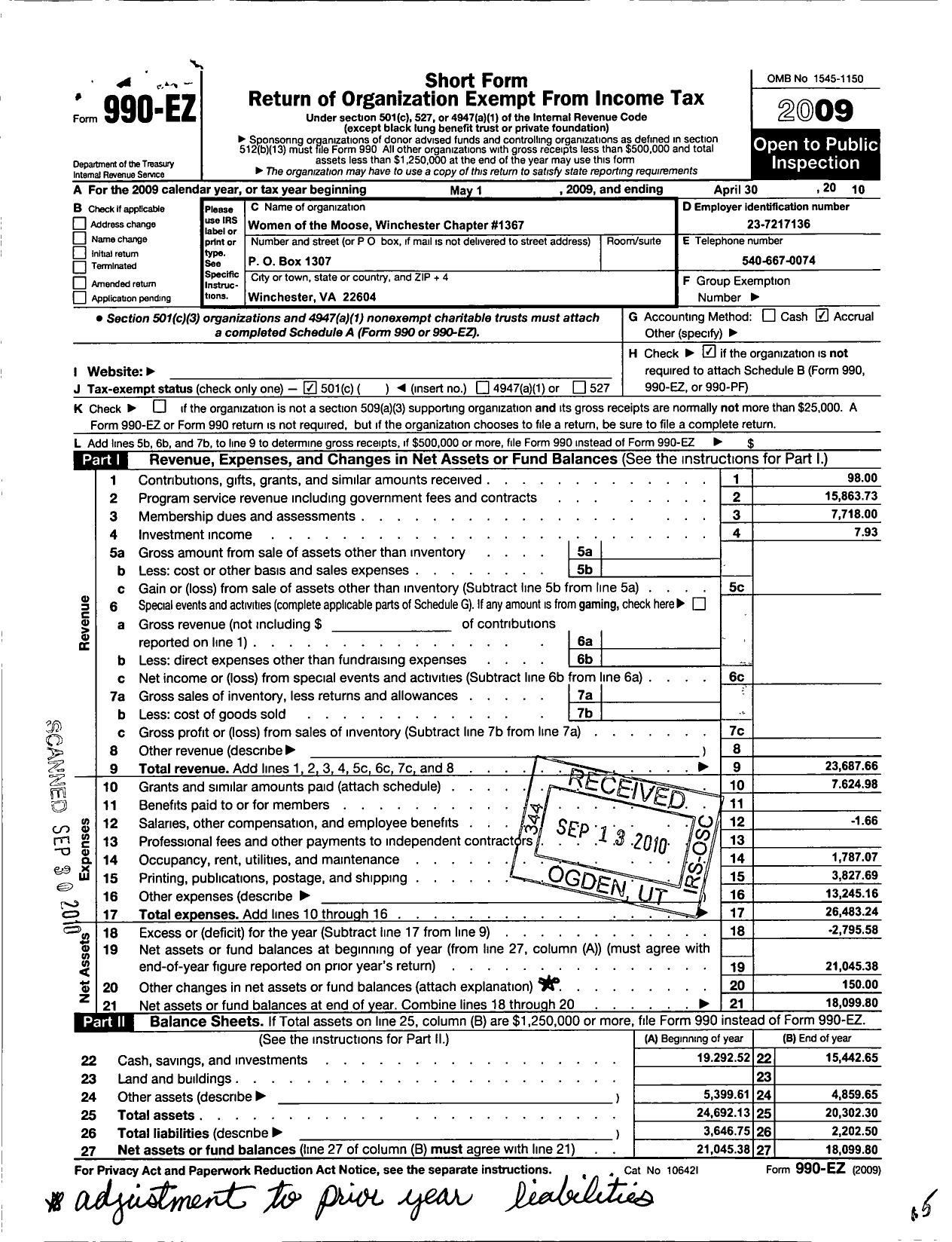 Image of first page of 2009 Form 990EO for Loyal Order of Moose - 1367