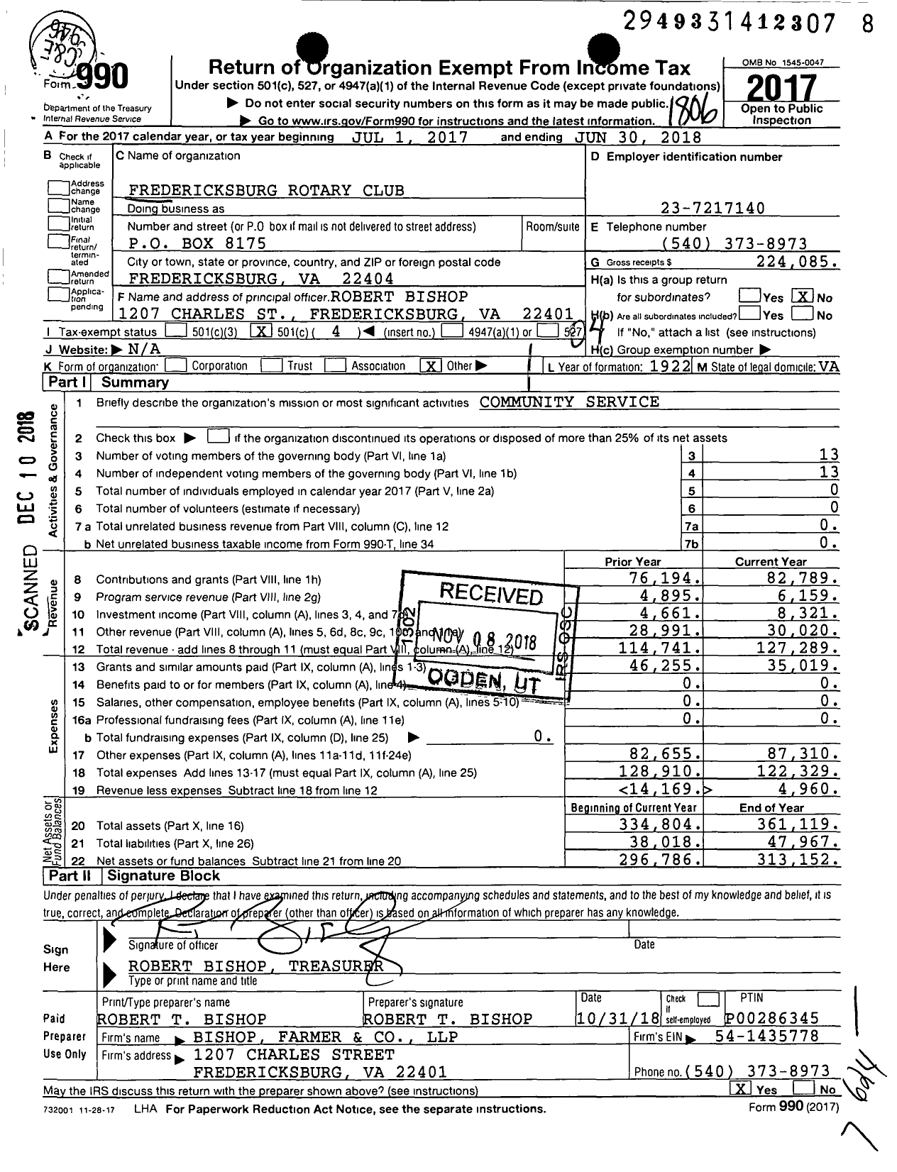 Image of first page of 2017 Form 990O for Rotary International - Fredericksburg Club