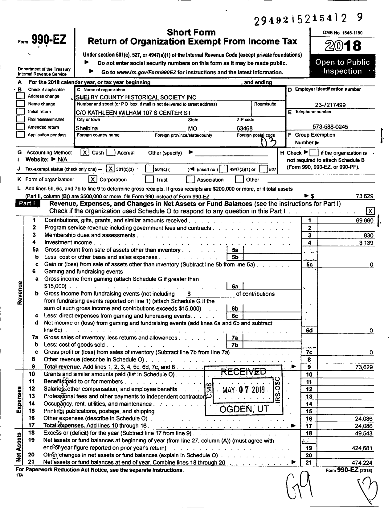 Image of first page of 2018 Form 990EZ for Shelby County Historical Society