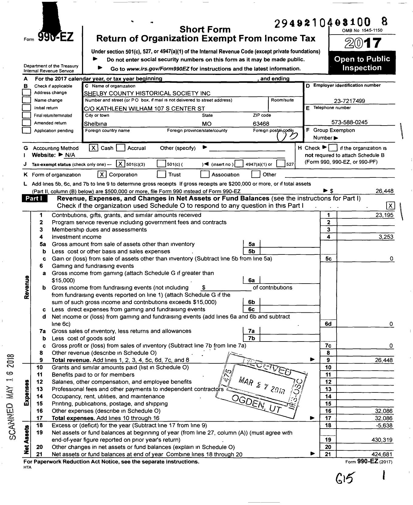 Image of first page of 2017 Form 990EZ for Shelby County Historical Society