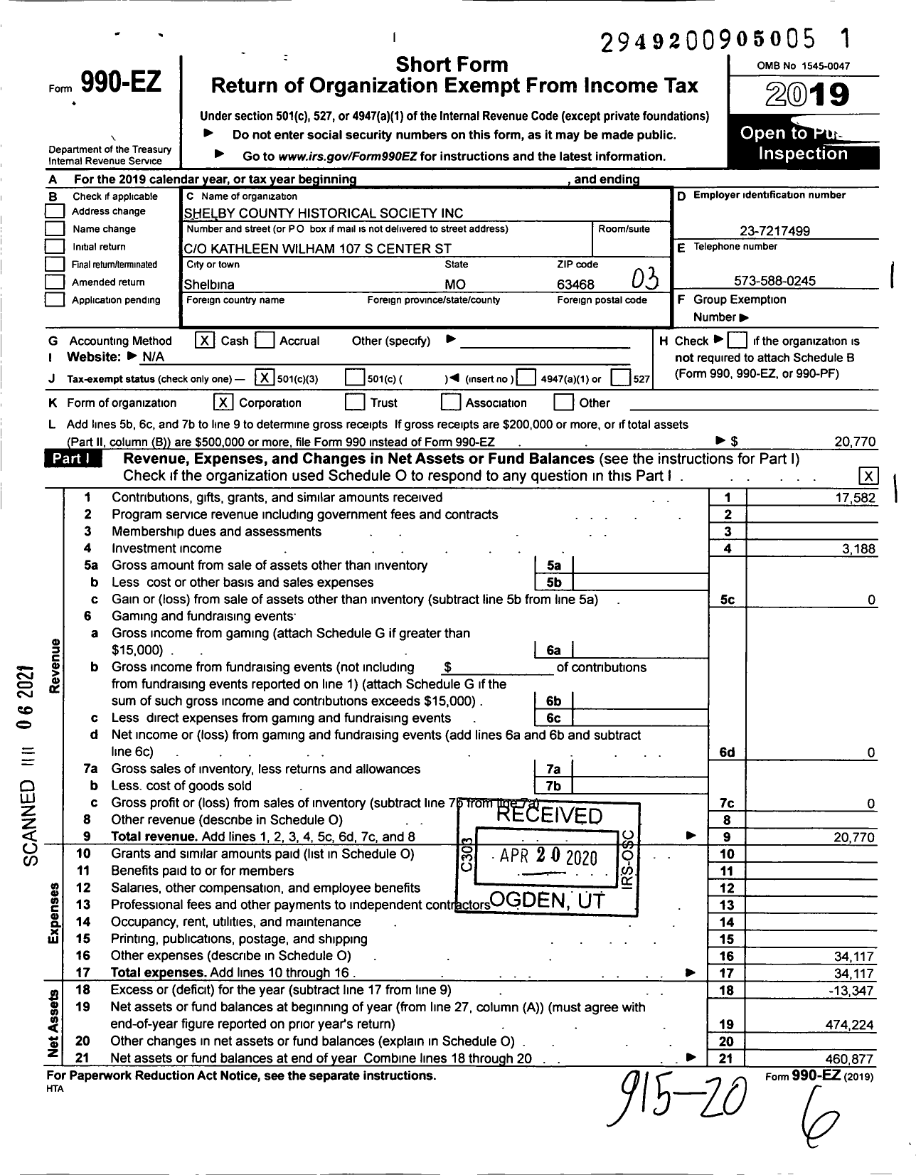 Image of first page of 2019 Form 990EZ for Shelby County Historical Society