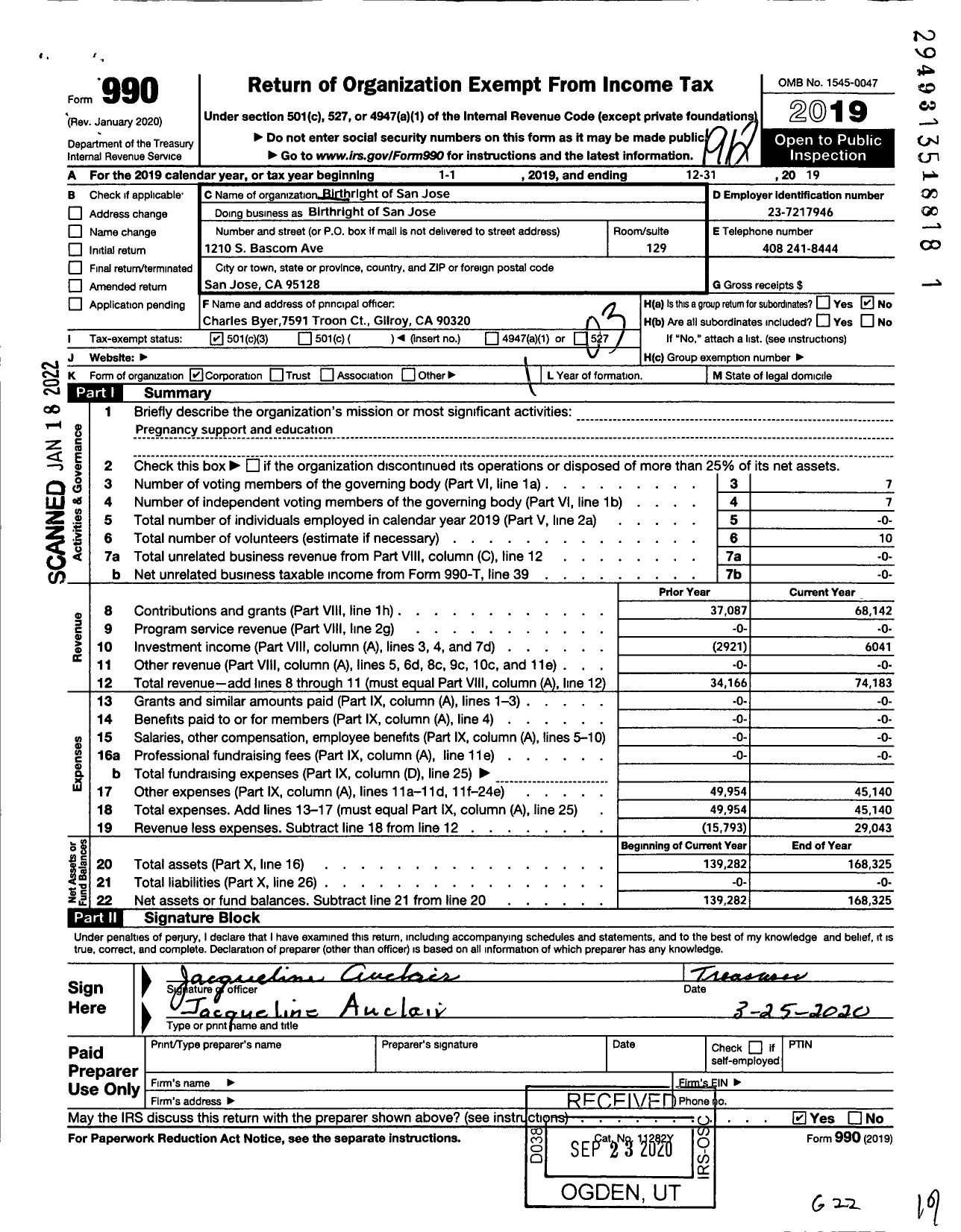 Image of first page of 2019 Form 990 for Birthright of San Jose