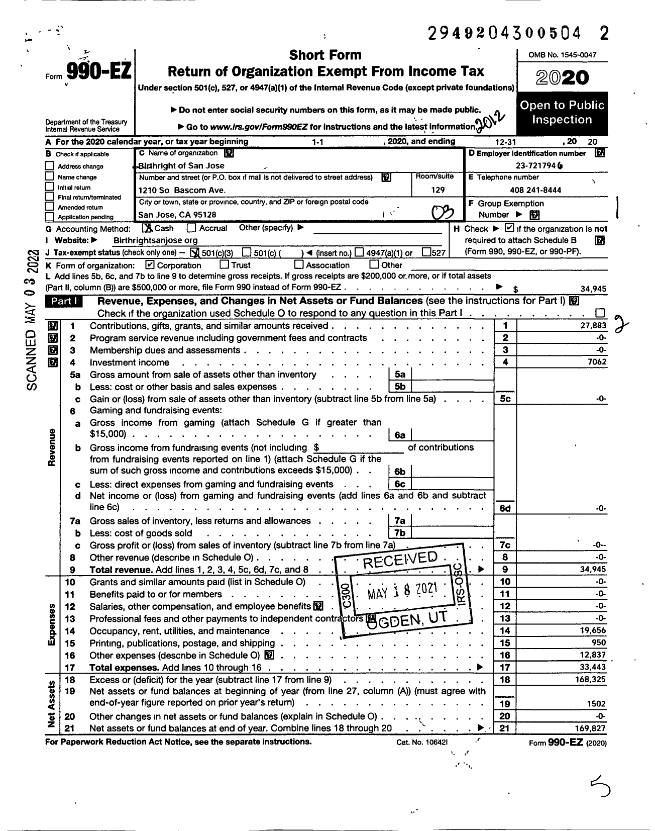 Image of first page of 2020 Form 990EZ for Birthright of San Jose