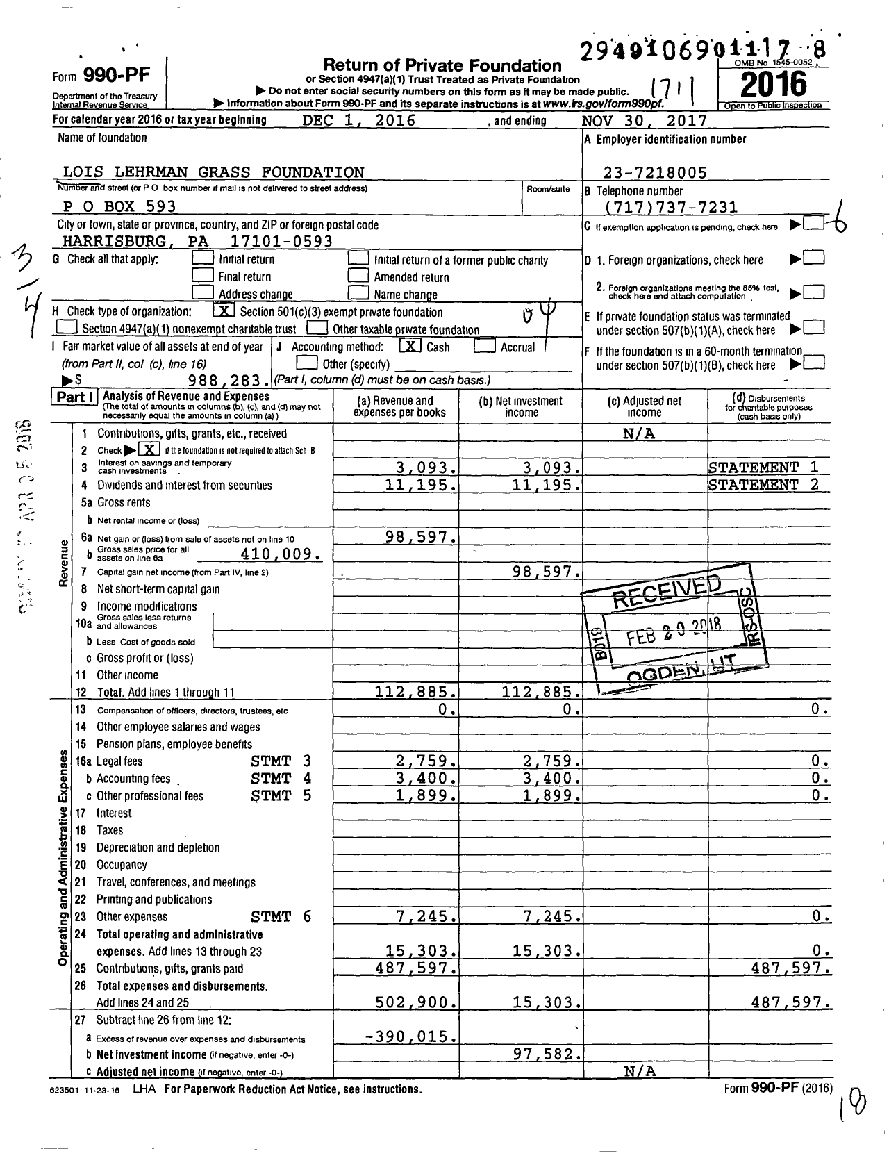 Image of first page of 2016 Form 990PF for Lois Lehrman Grass Foundation