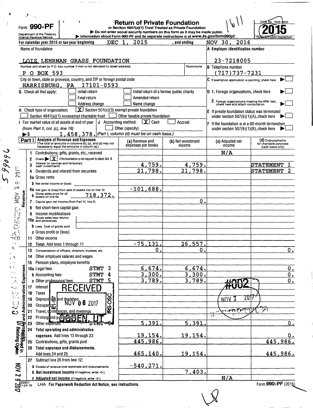 Image of first page of 2015 Form 990PF for Lois Lehrman Grass Foundation