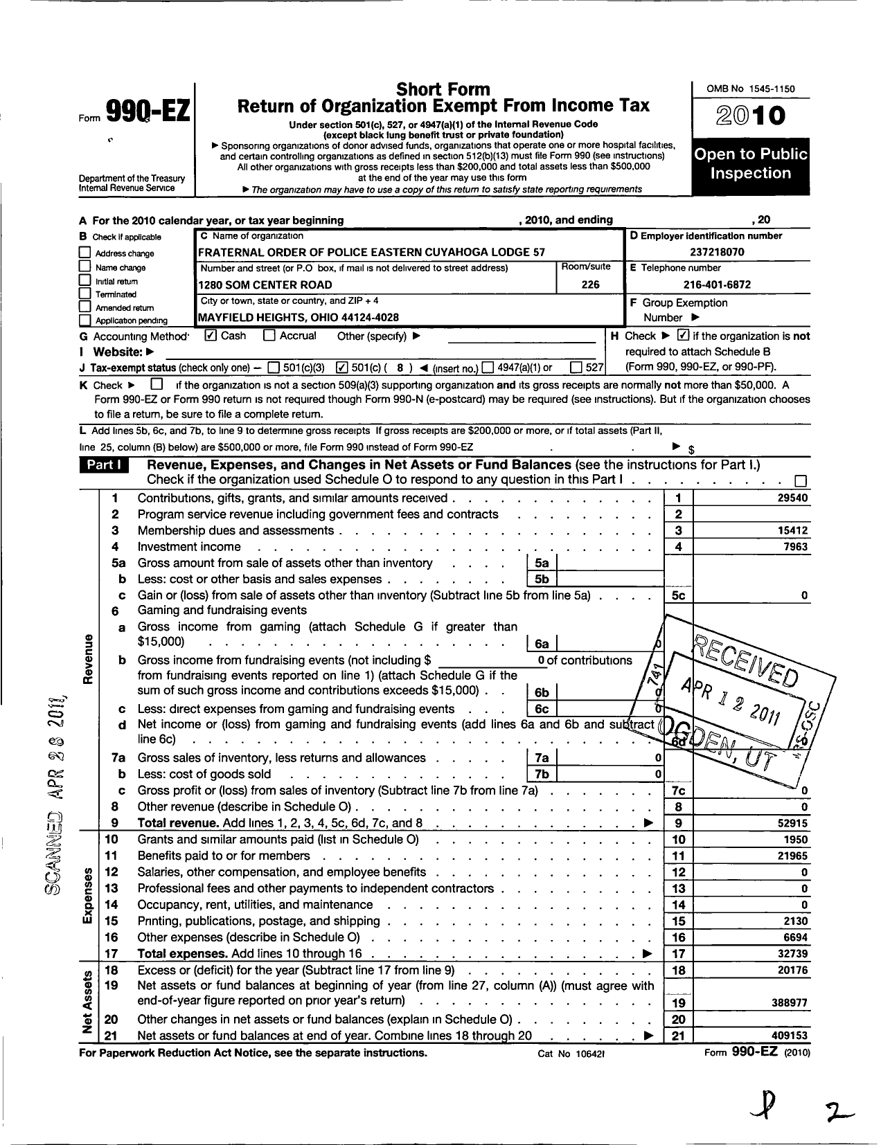 Image of first page of 2010 Form 990EO for Fraternal Order of Police - 57 Eastern Cuyahoga Lodge