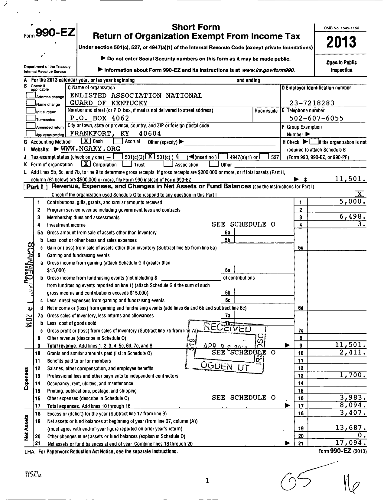 Image of first page of 2013 Form 990EO for Enlisted Association National Guard of Kentucky