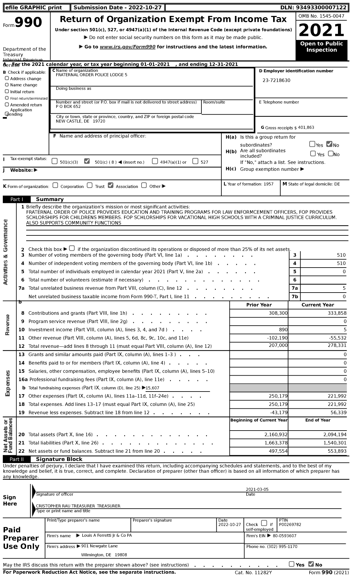 Image of first page of 2021 Form 990 for Fraternal Order of Police - 5 New Castle Co Lodge