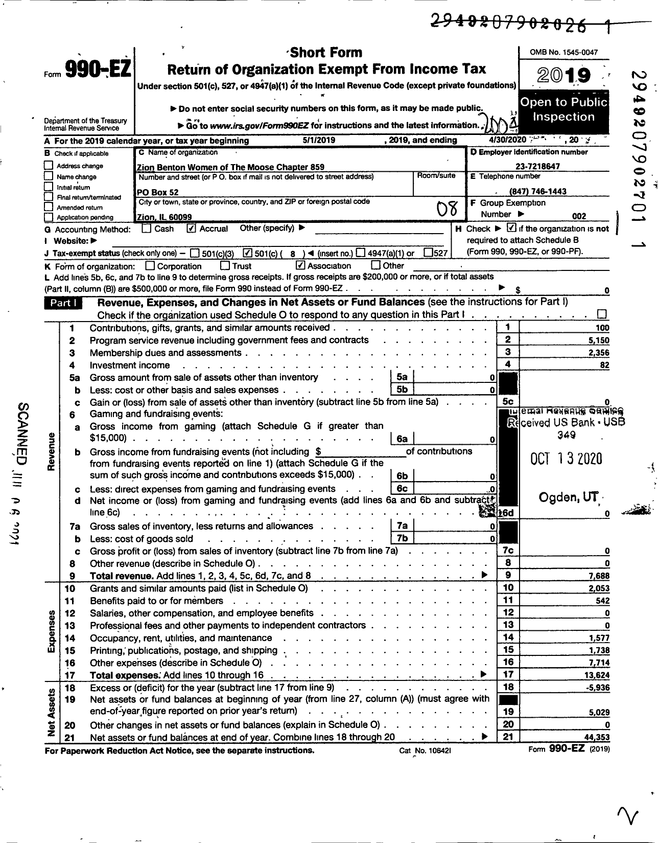Image of first page of 2019 Form 990EO for Loyal Order of Moose - 859