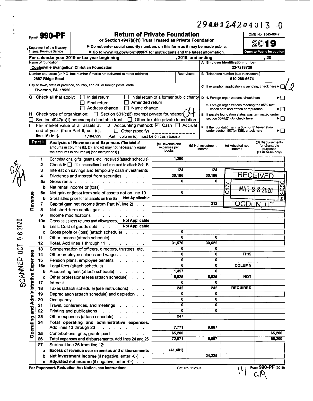 Image of first page of 2019 Form 990PR for The Coatesville Evangelical Christian Foundation