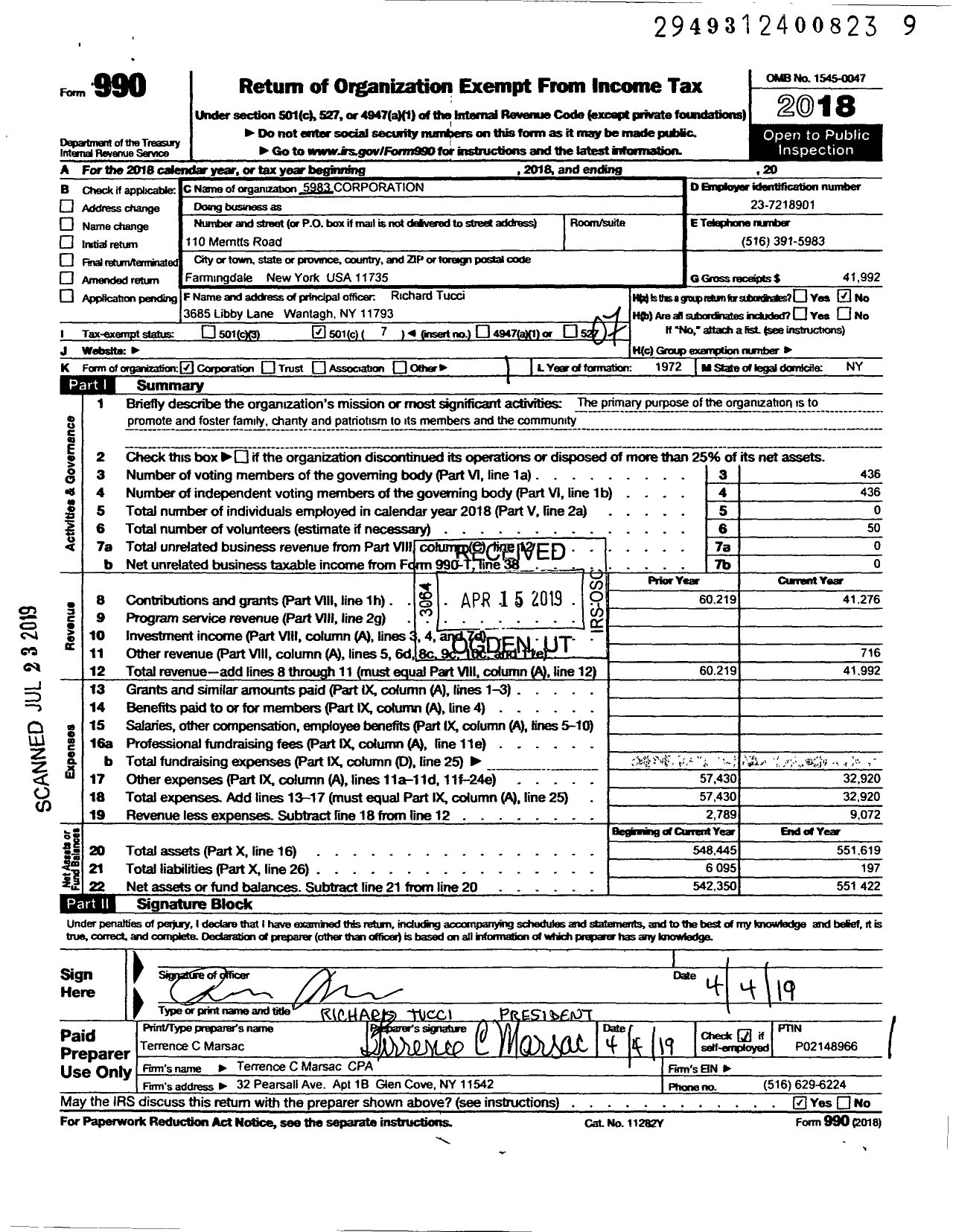 Image of first page of 2018 Form 990O for 5983 Corporation