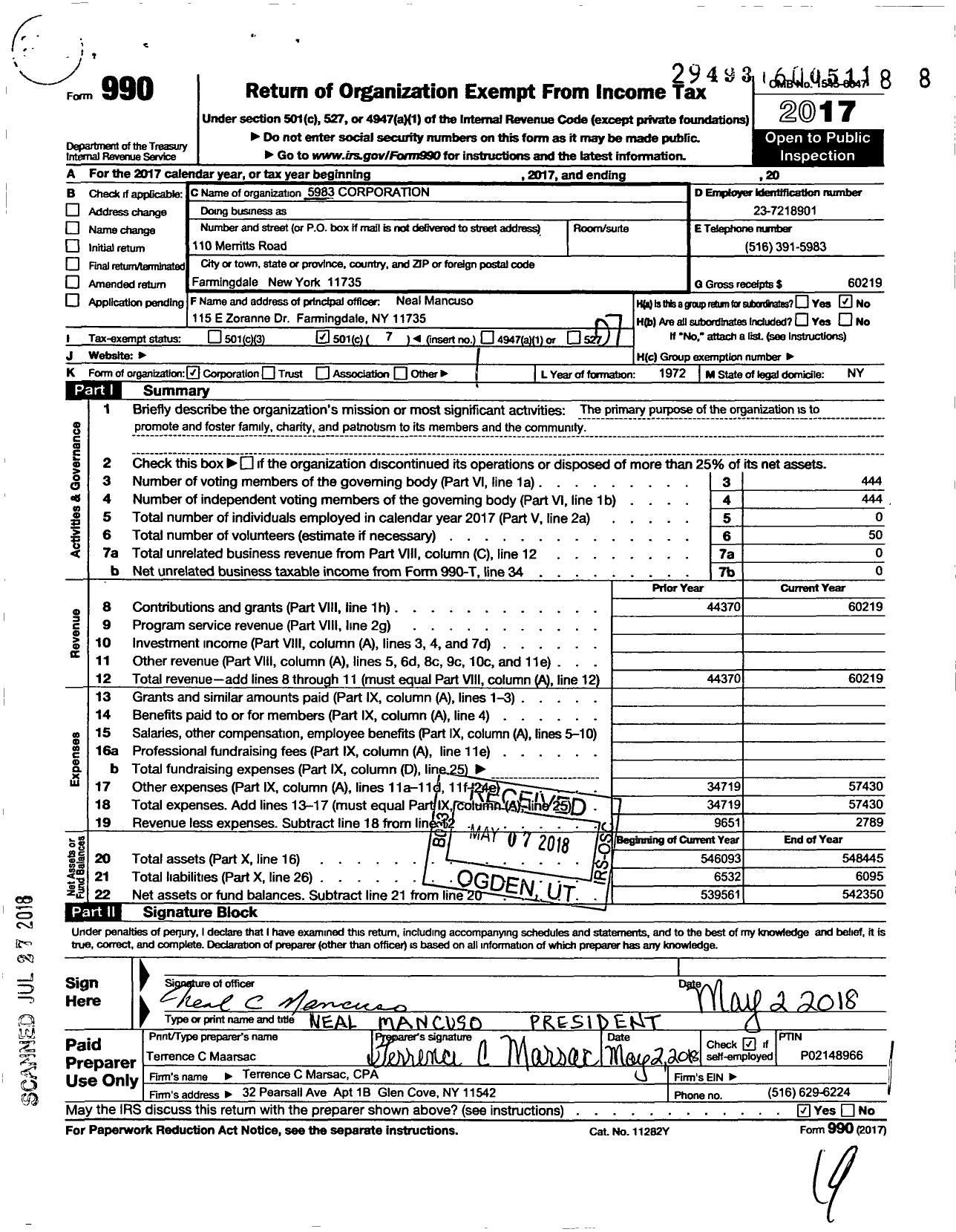 Image of first page of 2017 Form 990O for 5983 Corporation