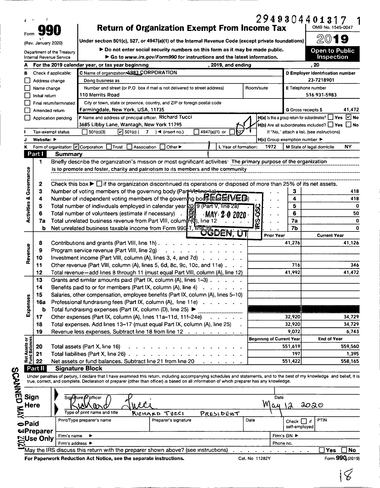 Image of first page of 2019 Form 990O for 5983 Corporation