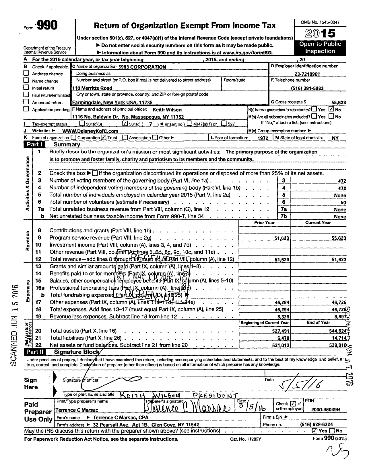 Image of first page of 2015 Form 990O for 5983 Corporation