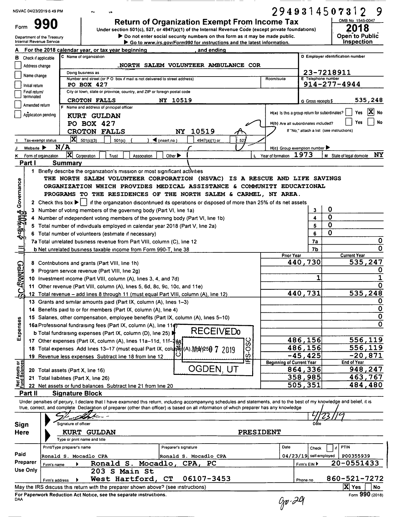 Image of first page of 2018 Form 990 for North Salem Volunteer Ambulance Cor