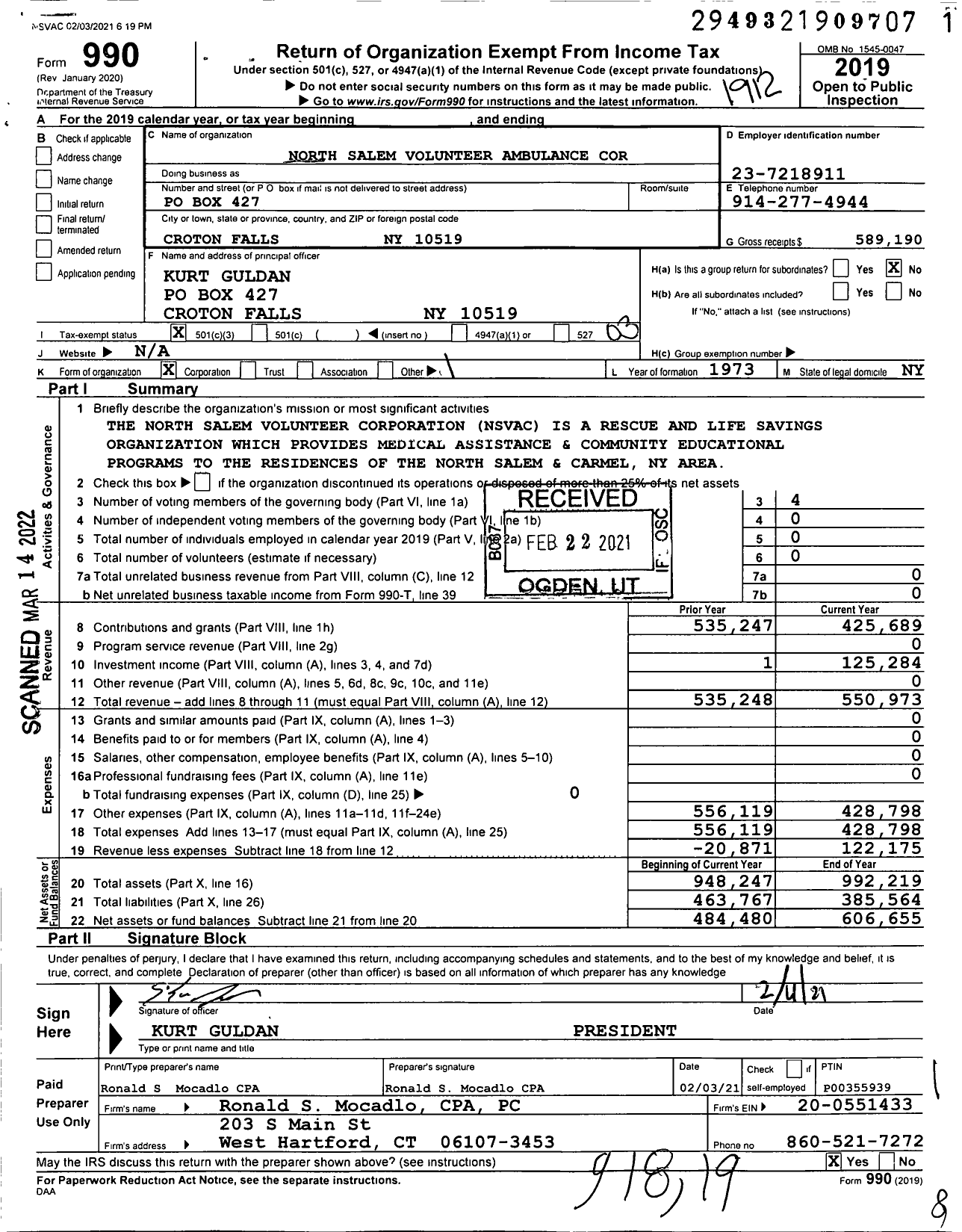 Image of first page of 2019 Form 990 for North Salem Volunteer Ambulance Cor