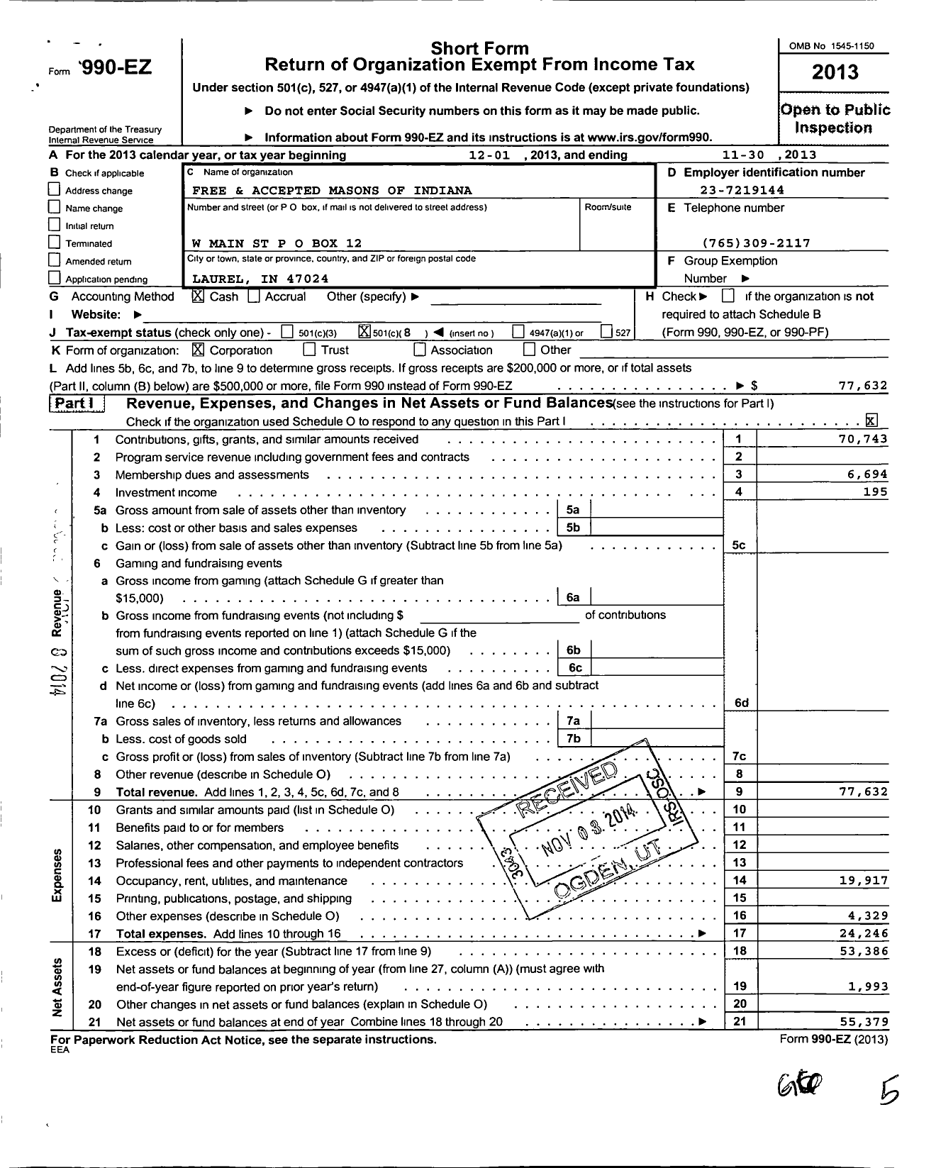 Image of first page of 2012 Form 990EO for Free & Accepted Masons of Indiana - 447 Laurel Lodge