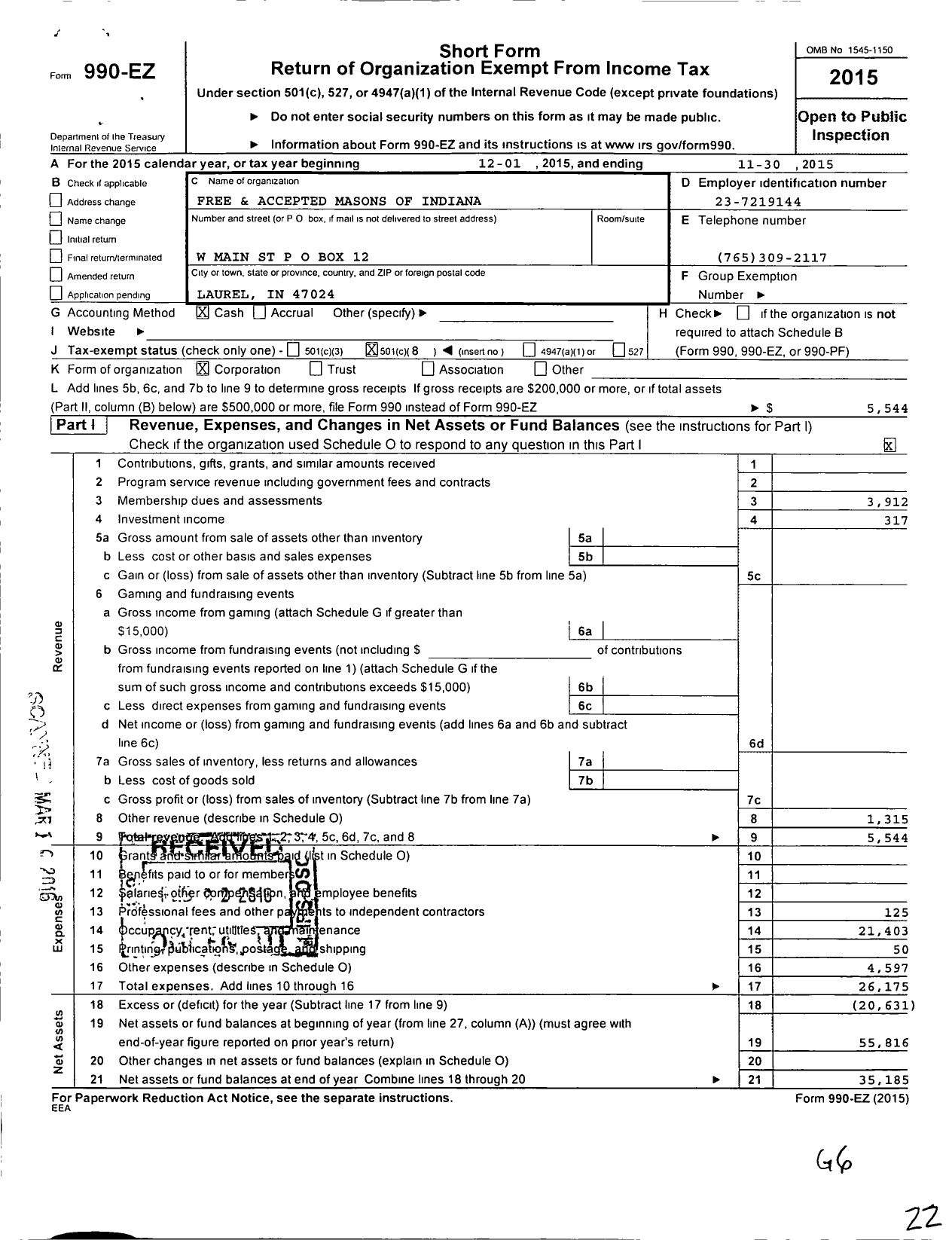 Image of first page of 2014 Form 990EO for Free & Accepted Masons of Indiana - 447 Laurel Lodge