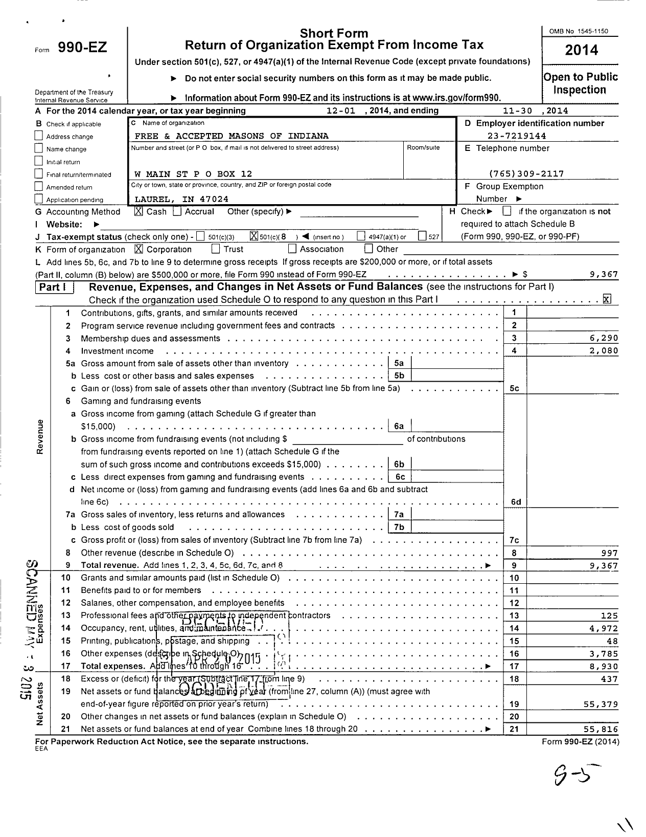 Image of first page of 2013 Form 990EO for Free & Accepted Masons of Indiana - 447 Laurel Lodge