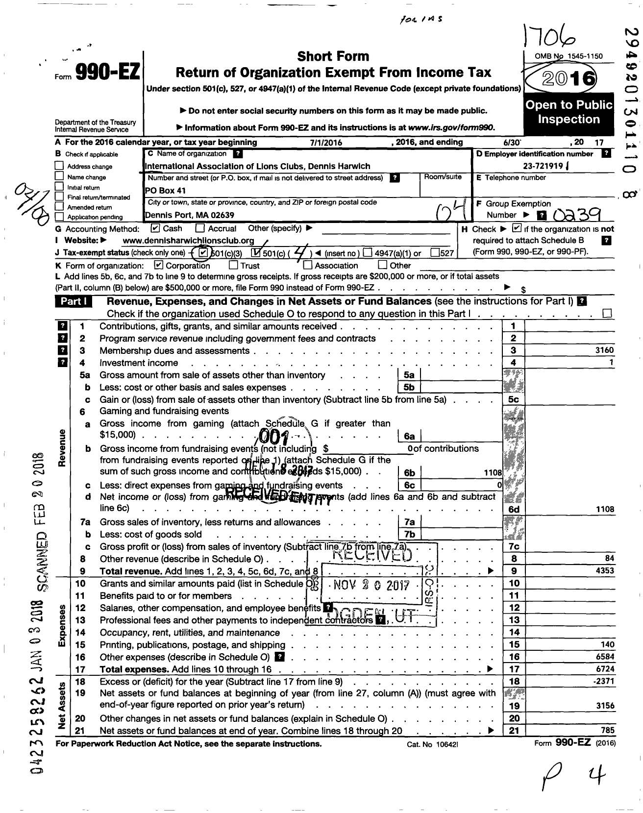 Image of first page of 2016 Form 990EO for International Association of Lions Clubs Dennis Harwich