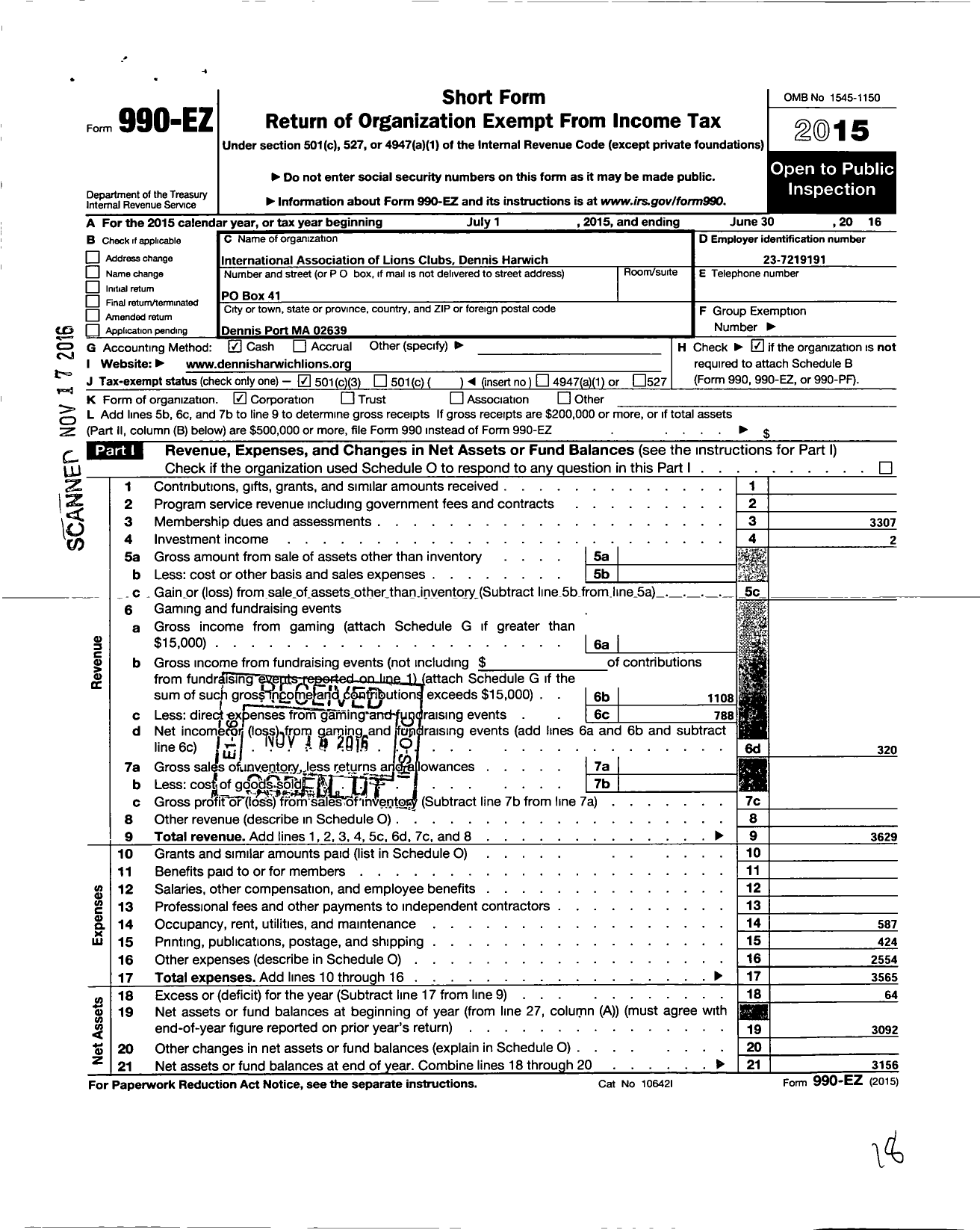 Image of first page of 2015 Form 990EZ for International Association of Lions Clubs Dennis Harwich