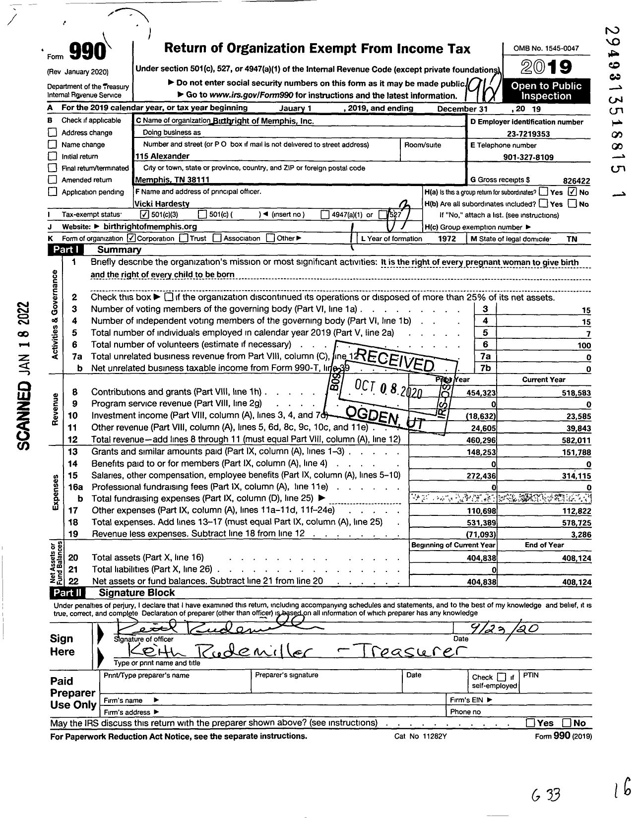 Image of first page of 2019 Form 990 for Birthright of Memphis