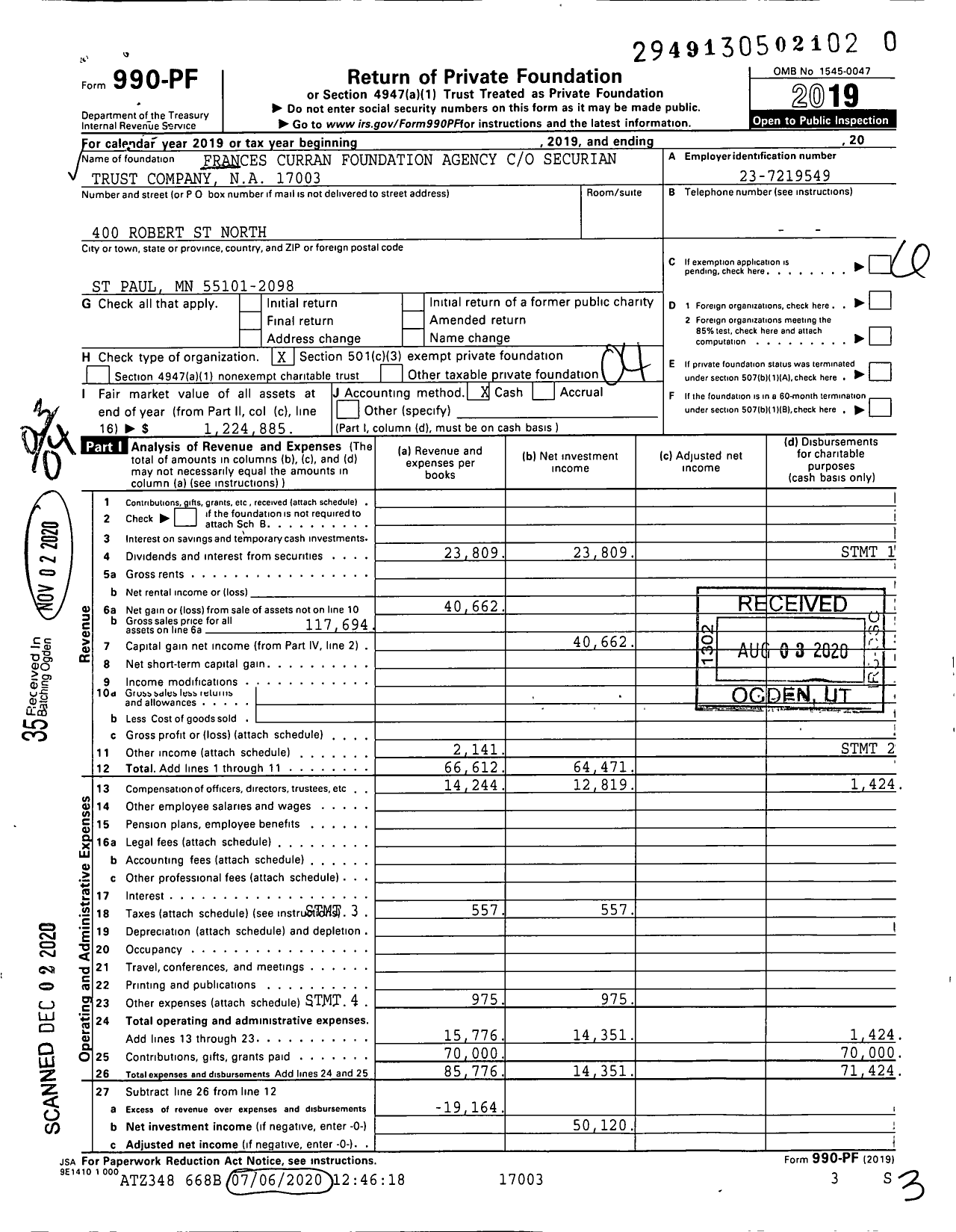 Image of first page of 2019 Form 990PF for Frances Curran Foundation Agency Cetera