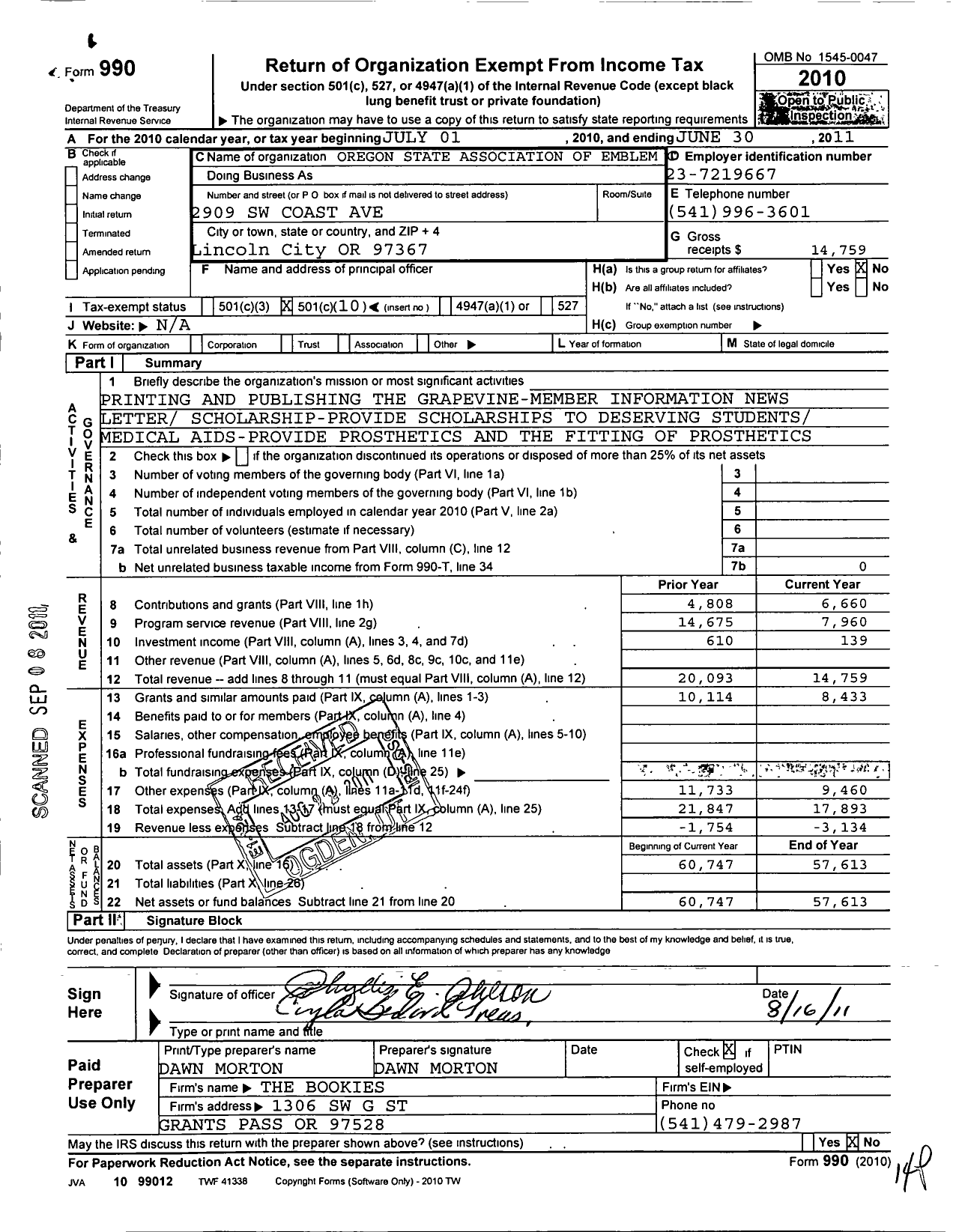 Image of first page of 2010 Form 990O for Supreme Emblem Club of the United States of America / Oregon State Assoc of Emblem Clubs