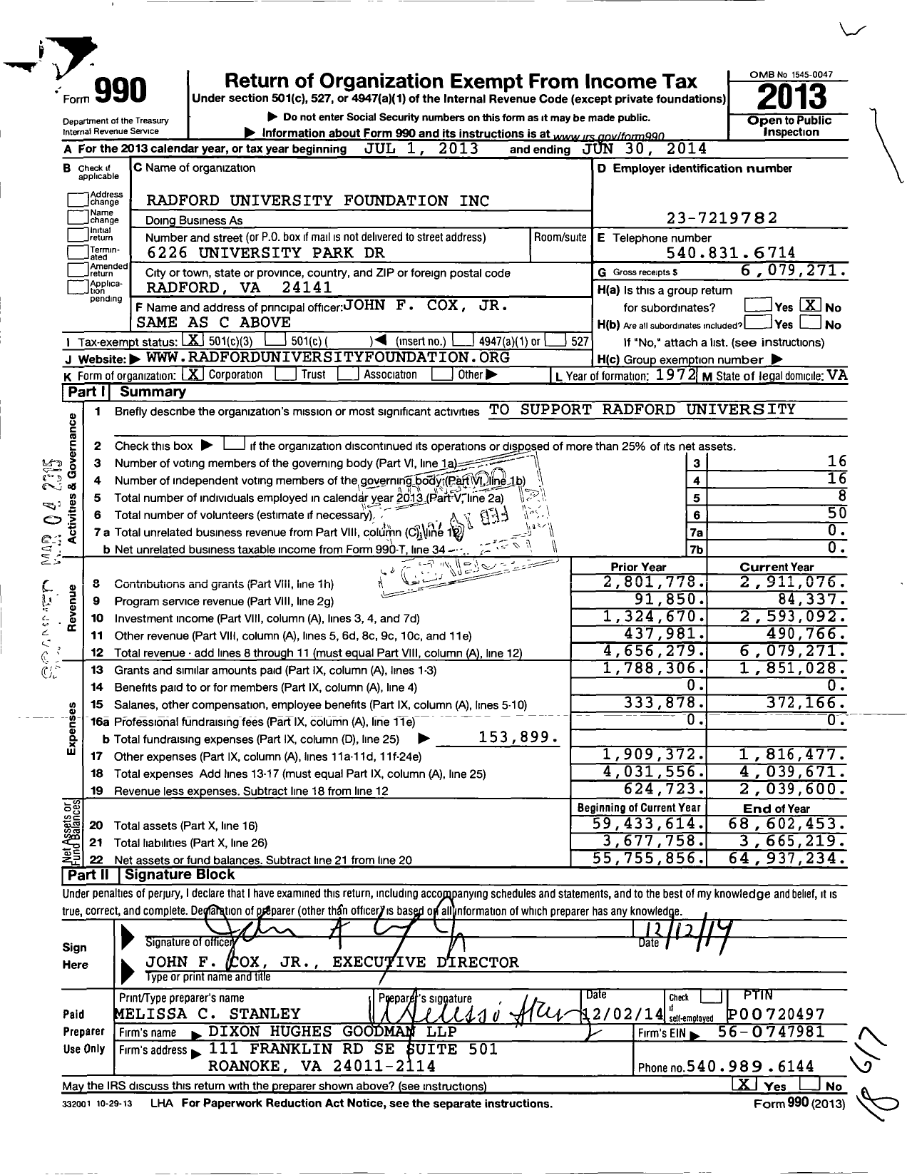 Image of first page of 2013 Form 990 for Radford University Foundation